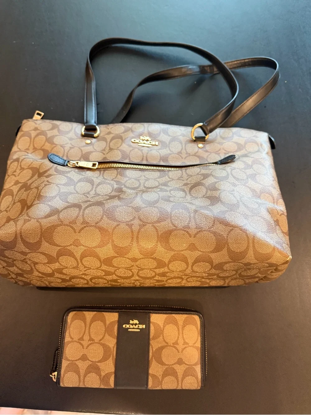 Coach Brown Signature Canvas Tote with Matching Wallet